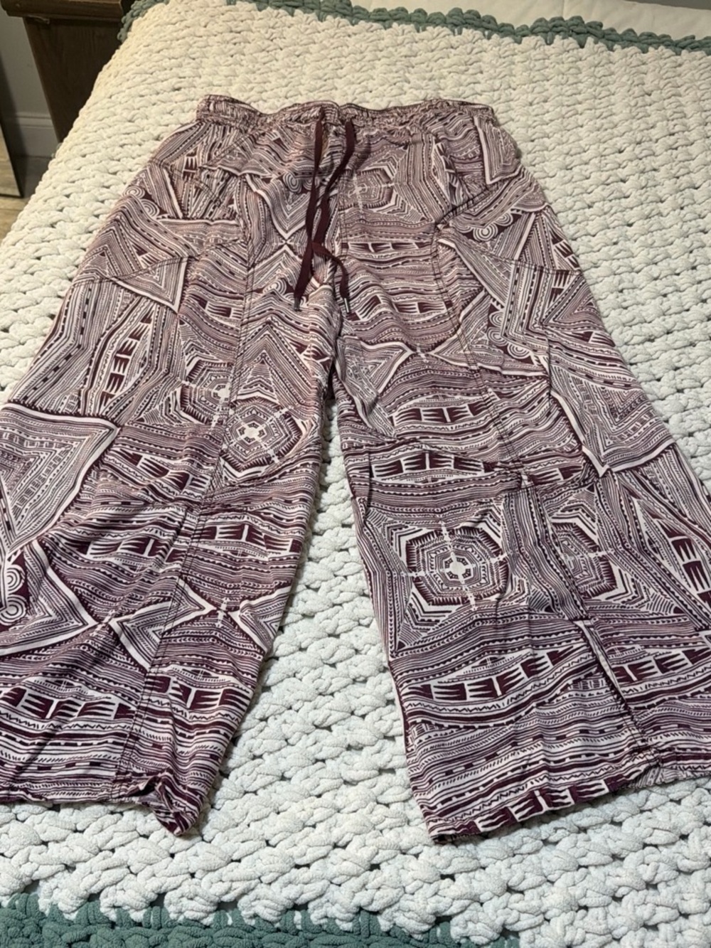 Anthropologie Maroon & Cream Geometric Wide-Leg Drawstring Pants